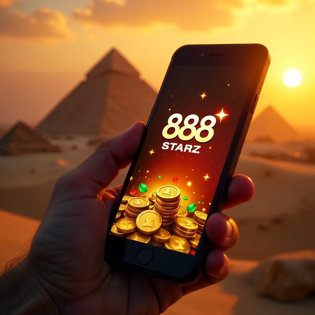A hand holding a high-end smartphone displaying 888starz app, background featuring the Great Pyramids of Giza during a golden sunset, official red and white brand colors, 3D golden coins and emerald gems flying out of the screen, cinematic lighting, 8k.